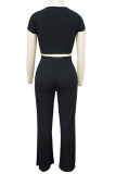 Coffee Casual Solid Patchwork O Neck Short Sleeve Two Pieces