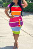 Multi-color Fashion adult OL Multi-color Cap Sleeve Short Sleeves O neck Step Skirt Knee-Length Striped Print Patchwork bandage backless hollow out Dresses