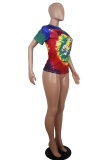 White Blue Yellow purple colour O Neck Short Sleeve Patchwork Print Character Tops