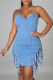 Light Blue Fashion Sexy Solid Tassel Backless Spaghetti Strap Denim Dress