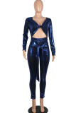 Blue street Solid Patchwork Chemical fiber blend Long Sleeve V Neck 