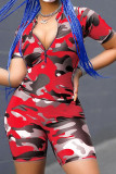 Red Casual Print Zippered Patchwork Short Sleeve Two Pieces