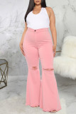 Dark Blue Fashion Casual Solid Ripped Plus Size Jeans