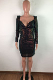 Brown Sexy Street Print Embroidered Sequins Backless V Neck Pencil Skirt Dresses