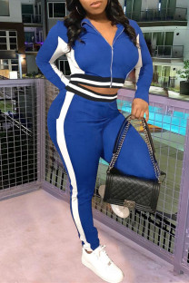 Blue Casual Sportswear Patchwork Basic Zipper Collar Long Sleeve Two Pieces