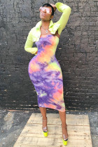 Green Street Fashion adult Two Piece Suits Button Print A-line skirt Long Sleeve Two-Piece Dres