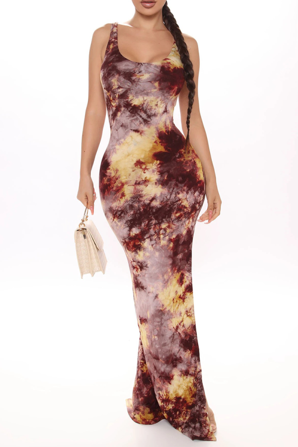 Brown Sexy Print High Opening Spaghetti Strap Irregular Dress Dresses