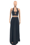 Blue Sexy Casual Solid Hollowed Out Backless Halter Sleeveless Two Pieces