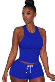 Light Blue knit Sexy Patchwork Two Piece Suits Solid Straight Sleeveless Two-Piece Short Set