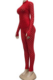Red British Style Solid Hollowed Out See-through O Neck Long Sleeve Two Pieces