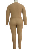 Khaki Fashion adult Ma'am OL O Neck Solid Two Piece Suits Plus Size