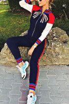 Blue Elastic Fly Mid Patchwork Letter Regular Pants Two-piece suit