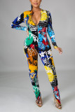 Red Fashion Casual Print Basic Zipper Collar Skinny Jumpsuits