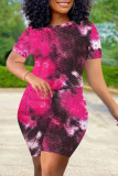 Fluorescent Green Casual Print Tie Dye Patchwork O Neck Short Sleeve Two Pieces