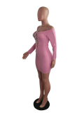 Pink Casual Solid Hollowed Out Off the Shoulder Pencil Skirt Dresses