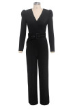 Silver Sexy Solid Patch With Belt V Neck Regular Jumpsuits