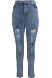Grey Denim Zipper Fly Button Fly Mid washing Hole Zippered Pocket Skinny Pants Pants