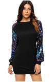 Black adult Fashion Casual Cap Sleeve Long Sleeves O neck Slim Dress Mini Patchwork Solid asymmetri