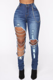 Dark Blue Casual Solid Ripped Buttons High Waist Regular Denim