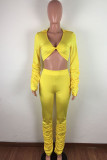 Yellow OL Solid Draped crop top Boot Cut Long Sleeve Two Pieces