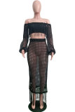 Black Sexy Fashion tassel HOLLOWED OUT perspective Patchwork A-line skirt Long Sleeve