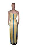 Yellow Sexy Fashion Spaghetti Strap Sleeveless Slip Straight Floor-Length Striped asymmetrical C