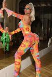 Orange Sexy Fashion Print Long Sleeve one word collar Jumpsuits