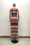 Multi-color Sexy Fashion Spaghetti Strap Sleeveless Slip Straight Ankle-Length asymmetrical Rainbow St