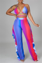 Blue Fashion Sexy Print Backless Strap Design Halter Sleeveless Three-piece Set