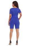 Blue Sexy Fashion bandage Patchwork Solid Hollow Short Sleeve O Neck 