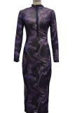 Purplish Red Sexy Print Patchwork Zipper Collar Pencil Skirt Dresses