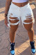 White Black Light Blue Denim Zipper Fly Mid Solid Hole pencil Capris Bottoms