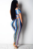 Blue Sexy Fashion Print Patchwork Striped Straight Two-piece Pants Set