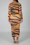 Tiger Pattern Sexy Animal Print Patchwork Zipper Collar Pencil Skirt Dresses