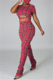 Red Fashion Casual Plaid Print Hollowed Out O Neck Short Sleeve Two Pieces