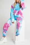 Blue Sportswear Spandex Blends Print Draw String Tie-dye Hooded Collar Long Sleeve Regular Sleeve Regular Two Pieces