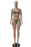 Green Fashion Sexy Print Hollowed Out Backless Swimwears Three-piece Set