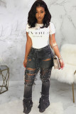 Black Denim Zipper Fly Button Fly High washing Hole Zippered Pocket Boot Cut Pants Pants
