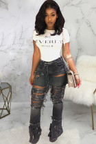 Black Denim Zipper Fly Button Fly High washing Hole Zippered Pocket Boot Cut Pants Pants