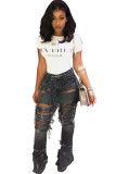 Black Denim Zipper Fly Button Fly High washing Hole Zippered Pocket Boot Cut Pants Pants