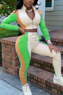 Green Fashion Casual Adult Patchwork Solid Patchwork O Neck Long Sleeve Regular Sleeve Regular Two Pieces