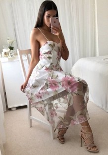 Pink Brief Cute V-Neck Sleeveless Loose Long Print Dresses