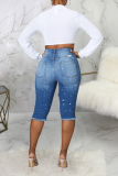 Blue Casual Solid Ripped Mid Waist Skinny Denim Shorts
