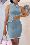 Rose Red Sexy Casual Solid Patchwork Asymmetrical Half A Turtleneck Sleeveless Two Pieces