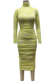 Fluorescent green OL Long Sleeves Turtleneck Hip skirt Ankle-Length Print Draped Dresses