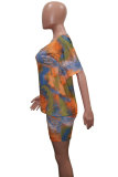 Dark Blue Fashion Sexy adult Patchwork Print Tie Dye Two Piece Suits Straight Short Sleeve Two Pieces