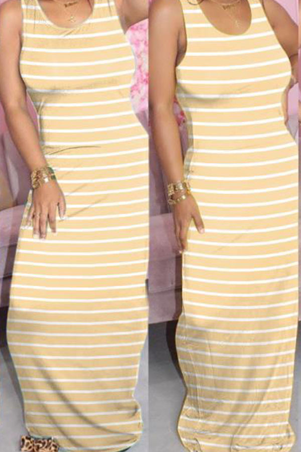 Yellow Milk. Fashion Street White Yellow Light Blue purple Tank Sleeveless O neck Pencil Dress Floor-Length Striped Dresses