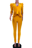 Yellow Fashion Casual Solid Patchwork V Neck Long Sleeve Two Pieces