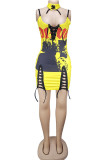 Red Sexy Street Spaghetti Strap Sleeveless Slip Pencil Dress skirt Print bandage Club Dresses