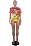 Blue White Blue Orange Yellow colour O Neck Short Sleeve Patchwork Print Character Tops